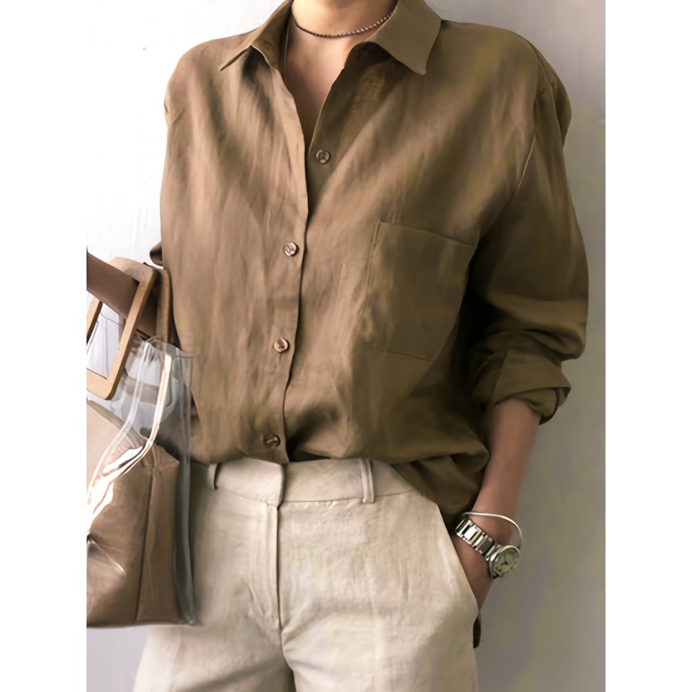 Solid Patched Pocket Simple Shirt, Versatile Long Sleeve Shirt For Spring & Fall, Women's Clothing