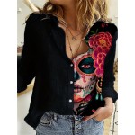 Figure Print Shirt, Casual Button Front Long Sleeve Shirt, Women's Clothing