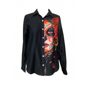 Figure Print Shirt, Casual Button Front Long Sleeve Shirt, Women's Clothing