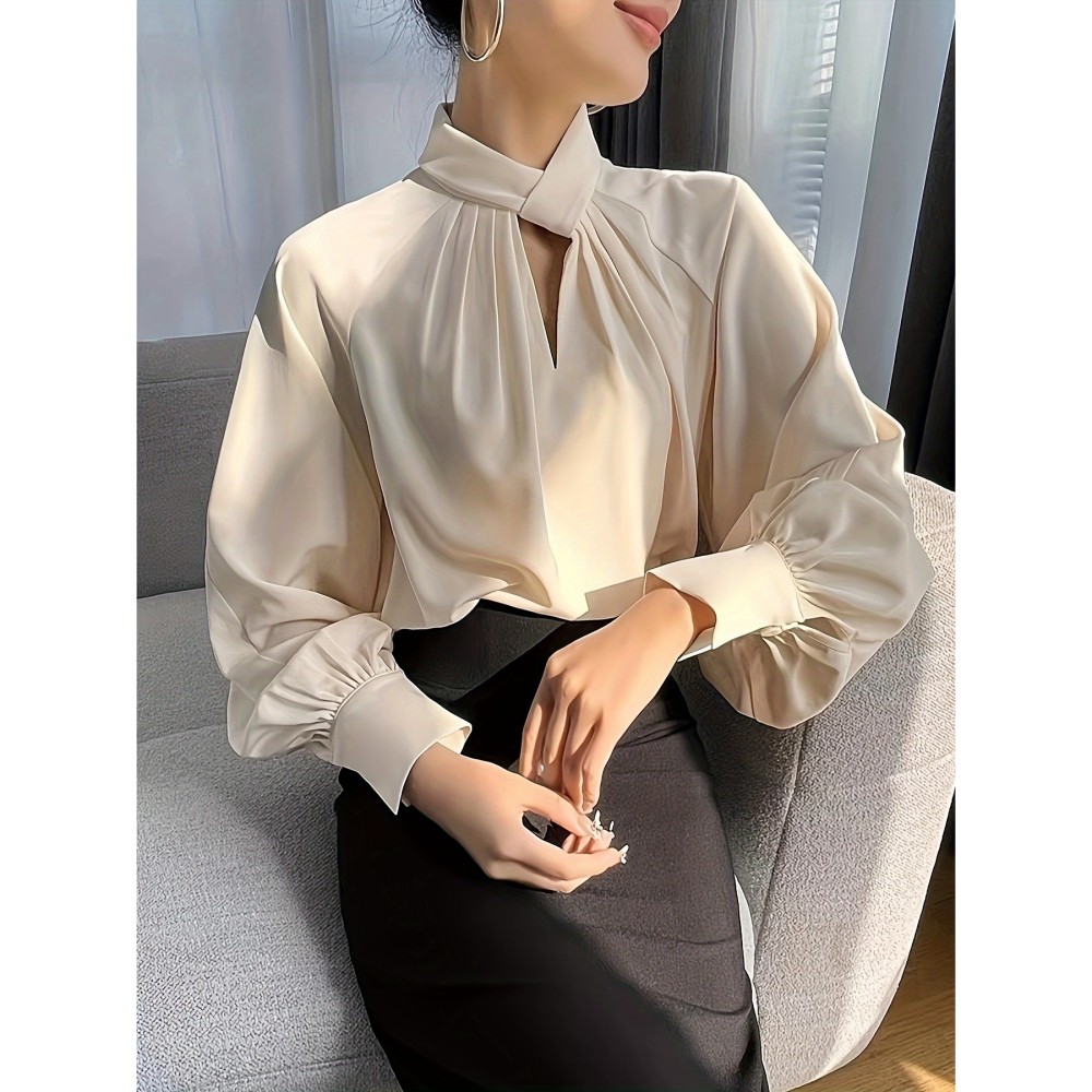 Solid Pleated Cut Out Blouse, Elegant Lantern Sleeve Blouse For Spring & Fall, Women's Clothing