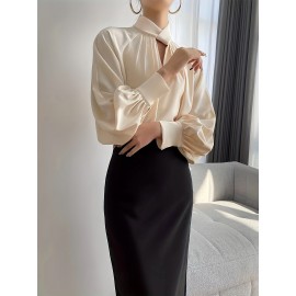 Solid Pleated Cut Out Blouse, Elegant Lantern Sleeve Blouse For Spring & Fall, Women's Clothing