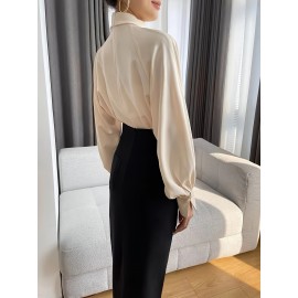 Solid Pleated Cut Out Blouse, Elegant Lantern Sleeve Blouse For Spring & Fall, Women's Clothing