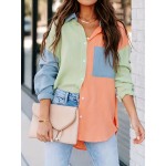 Color Block Stitching Shirt, Casual Pocket Long Sleeve Button Down Shirt, Women's Clothing