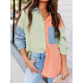 Color Block Stitching Shirt, Casual Pocket Long Sleeve Button Down Shirt, Women's Clothing