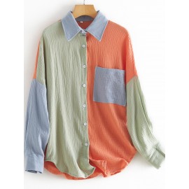 Color Block Stitching Shirt, Casual Pocket Long Sleeve Button Down Shirt, Women's Clothing