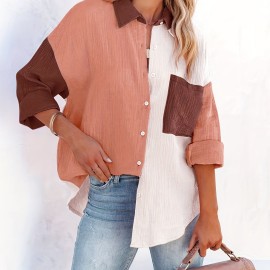 Color Block Stitching Shirt, Casual Pocket Long Sleeve Button Down Shirt, Women's Clothing