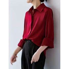 Solid Polo Collar Button Shirt, Casual Long Sleeve Shirt For Spring & Fall, Women's Clothing