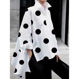 Polka Dot Print Dipped Hem Blouse, Casual Button Front Long Sleeve Blouse, Women's Clothing