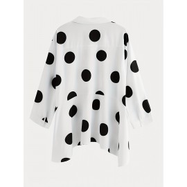 Polka Dot Print Dipped Hem Blouse, Casual Button Front Long Sleeve Blouse, Women's Clothing