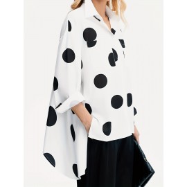 Polka Dot Print Dipped Hem Blouse, Casual Button Front Long Sleeve Blouse, Women's Clothing