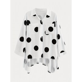 Polka Dot Print Dipped Hem Blouse, Casual Button Front Long Sleeve Blouse, Women's Clothing