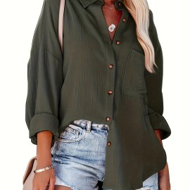 Solid Drop Shoulder Shirt, Casual Button Front Turn Down Collar Shirt With Pocket, Women's Clothing