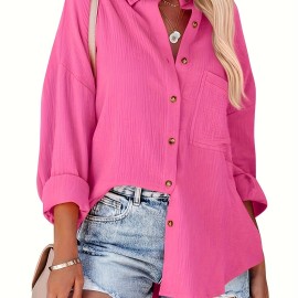 Solid Drop Shoulder Shirt, Casual Button Front Turn Down Collar Shirt With Pocket, Women's Clothing