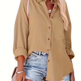 Solid Drop Shoulder Shirt, Casual Button Front Turn Down Collar Shirt With Pocket, Women's Clothing