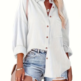 Solid Drop Shoulder Shirt, Casual Button Front Turn Down Collar Shirt With Pocket, Women's Clothing