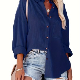 Solid Drop Shoulder Shirt, Casual Button Front Turn Down Collar Shirt With Pocket, Women's Clothing