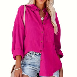 Solid Drop Shoulder Shirt, Casual Button Front Turn Down Collar Shirt With Pocket, Women's Clothing