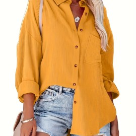 Solid Drop Shoulder Shirt, Casual Button Front Turn Down Collar Shirt With Pocket, Women's Clothing