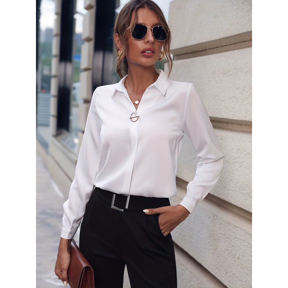 Solid Lapel Slim Shirt, Elegant Long Sleeve Shirt For Spring & Fall, Women's Clothing