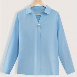 Solid Lapel Slim Shirt, Elegant Long Sleeve Shirt For Spring & Fall, Women's Clothing