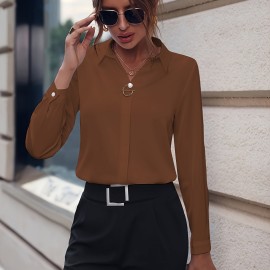 Solid Lapel Slim Shirt, Elegant Long Sleeve Shirt For Spring & Fall, Women's Clothing