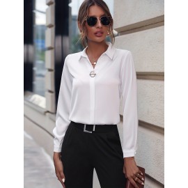 Solid Lapel Slim Shirt, Elegant Long Sleeve Shirt For Spring & Fall, Women's Clothing