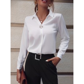 Solid Lapel Slim Shirt, Elegant Long Sleeve Shirt For Spring & Fall, Women's Clothing