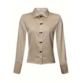 Button Front Solid Shirt, Elegant Long Sleeve Collar Work Shirt, Women's Clothing