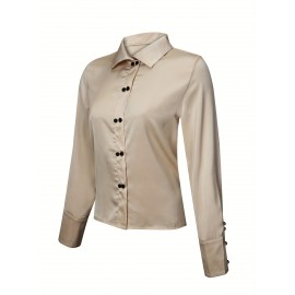 Button Front Solid Shirt, Elegant Long Sleeve Collar Work Shirt, Women's Clothing