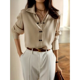 Button Front Solid Shirt, Elegant Long Sleeve Collar Work Shirt, Women's Clothing