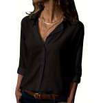 Versatile Solid Shirt, Casual Button Front Long Sleeve Collar Shirt, Women's Clothing