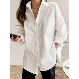 Solid Button Front Simple Shirt, Versatile Long Sleeve Oversized Shirt For Spring & Fall, Women's Clothing