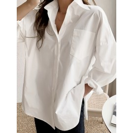 Solid Button Front Simple Shirt, Versatile Long Sleeve Oversized Shirt For Spring & Fall, Women's Clothing