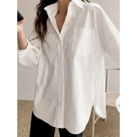 Solid Button Front Simple Shirt, Versatile Long Sleeve Oversized Shirt For Spring & Fall, Women's Clothing