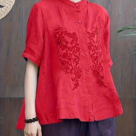 Embroidered Solid Blouse, Elegant Button Front Half Sleeve Blouse, Women's Clothing