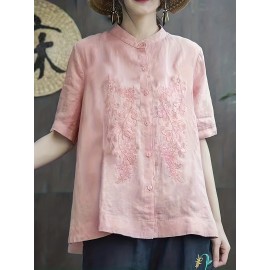 Embroidered Solid Blouse, Elegant Button Front Half Sleeve Blouse, Women's Clothing