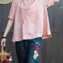 Embroidered Solid Blouse, Elegant Button Front Half Sleeve Blouse, Women's Clothing