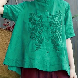 Embroidered Solid Blouse, Elegant Button Front Half Sleeve Blouse, Women's Clothing