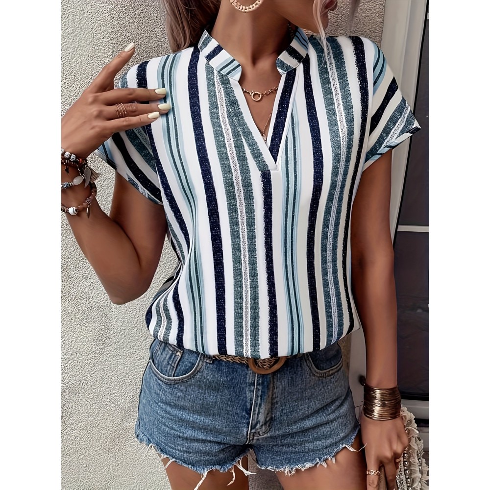 Striped V Neck Blouse, Casual Short Sleeve Top For Spring & Summer, Women's Clothing