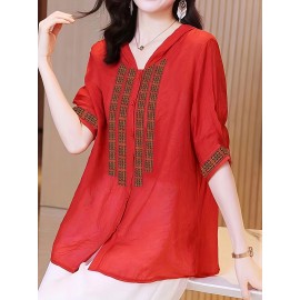 Hooded Button Front Blouse, Ethnic Half Sleeve Summer Blouse, Women's Clothing