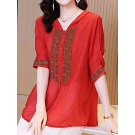 Hooded Button Front Blouse, Ethnic Half Sleeve Summer Blouse, Women's Clothing