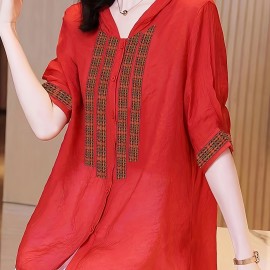 Hooded Button Front Blouse, Ethnic Half Sleeve Summer Blouse, Women's Clothing