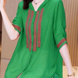 Hooded Button Front Blouse, Ethnic Half Sleeve Summer Blouse, Women's Clothing