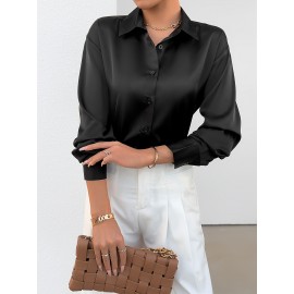 Solid Button Front Simple Shirt, Elegant Long Sleeve Shirt For Spring & Fall, Women's Clothing