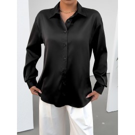 Solid Button Front Simple Shirt, Elegant Long Sleeve Shirt For Spring & Fall, Women's Clothing