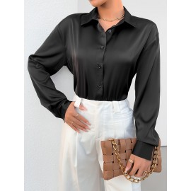 Solid Button Front Simple Shirt, Elegant Long Sleeve Shirt For Spring & Fall, Women's Clothing