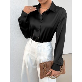 Solid Button Front Simple Shirt, Elegant Long Sleeve Shirt For Spring & Fall, Women's Clothing