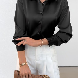 Solid Button Front Simple Shirt, Elegant Long Sleeve Shirt For Spring & Fall, Women's Clothing