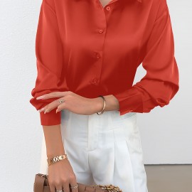 Solid Button Front Simple Shirt, Elegant Long Sleeve Shirt For Spring & Fall, Women's Clothing