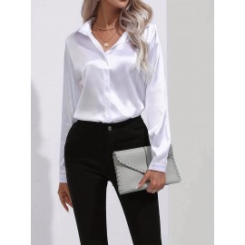 Elegant Satin Blouse, Collar Long Sleeve Work Blouse, Women's Clothing